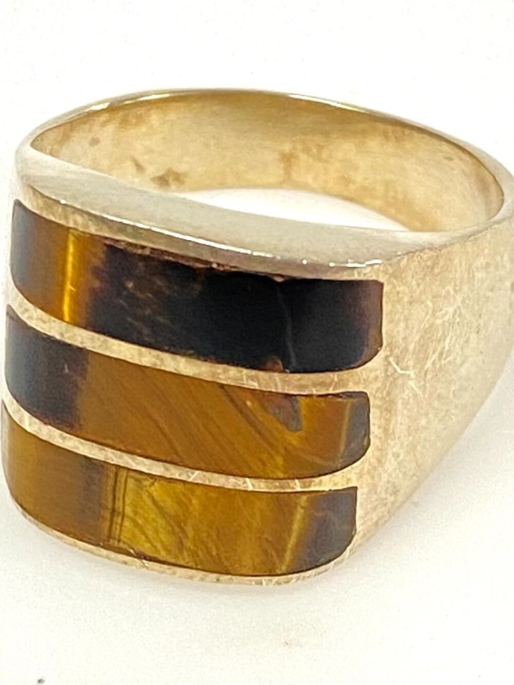 m923 Vintage Sterling Silver Statement Ring Tiger's Eye Chatoyant Stripes 9.75
